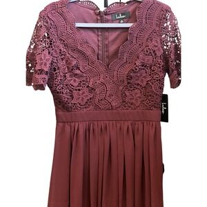 Lulus Burgundy Lace Chiffon Mini Dress Short Sleeve Crochet Party Size Med NEW